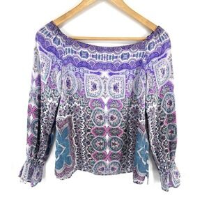 Boho Off Shoulder Paisley Silk Top S Hippie Festival Indie Bell Sleeves Whimsy